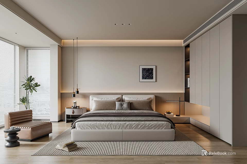 Modern Bedroom Interior With Large Bed Nightstands Wardrobe Rug Plant And Decorative Painting 3d model 