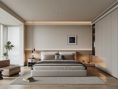 Modern Bedroom Interior With Large Bed Nightstands Wardrobe Rug Plant And Decorative Painting 3d model