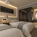 Modern Hotel Guest Room Featuring Twin Beds Large Windows Scenic View And Accent Lighting