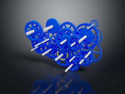 Blue Metal Gears Interconnected Mechanical Hardware Tools System Design 3d model