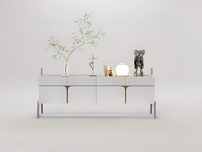 Modern White Sideboard With Green Plant Vase Sculpture Round Lamp And Metal Legs 3d model