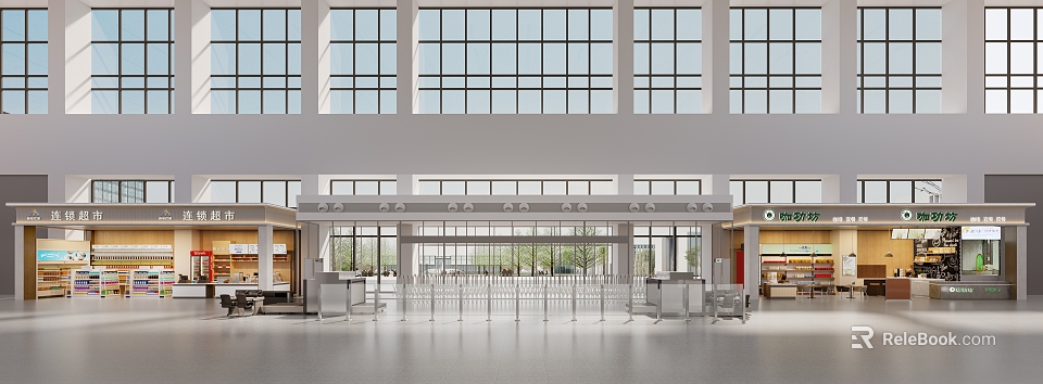 Modern Station Open Hall With Large Windows And Security Checkpoints In Spacious Interior 3d model 