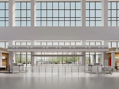 Modern Station Open Hall With Large Windows And Security Checkpoints In Spacious Interior 3d model