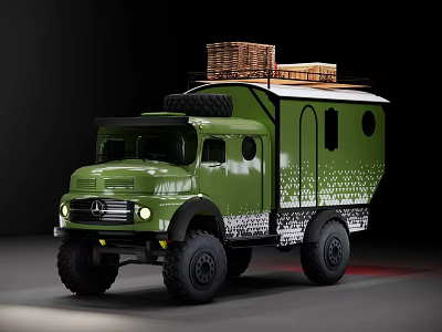 Green Military Style Off Road Truck With Goods On Roof And Camouflage Design 3d model