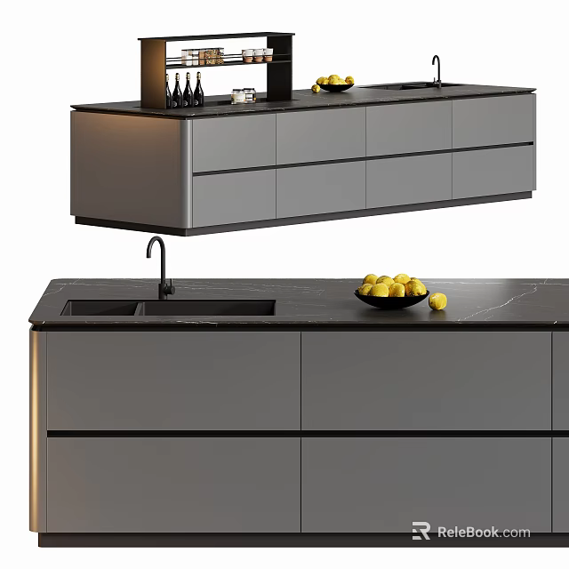 Modern Kitchen Interior With Gray Cabinets Black Countertop Sink And Fruits 3d model 