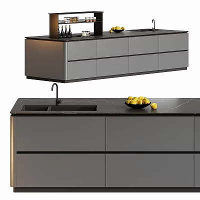 Modern Kitchen Interior With Gray Cabinets Black Countertop Sink And Fruits 3d model