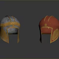 Ancient Weapon Helmets With Silver And Pink Finishes And Intricate Golden Decorations