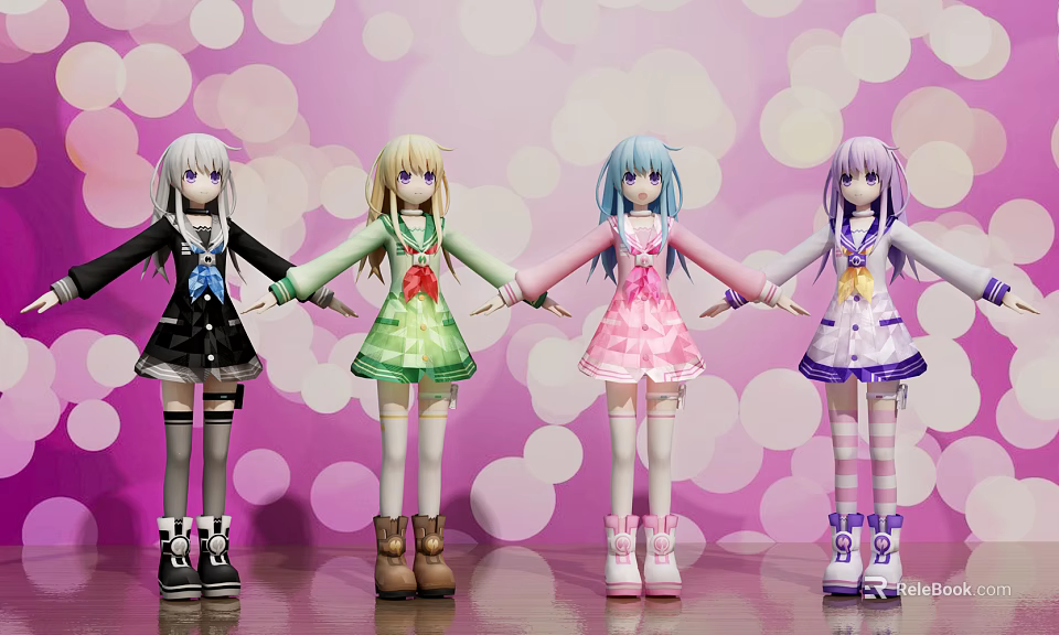 Anime Game Characters Holding Hands With Colorful Hair And Dresses Against Pink Background 3d model 