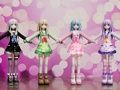 Anime Game Characters Holding Hands With Colorful Hair And Dresses Against Pink Background 3d model