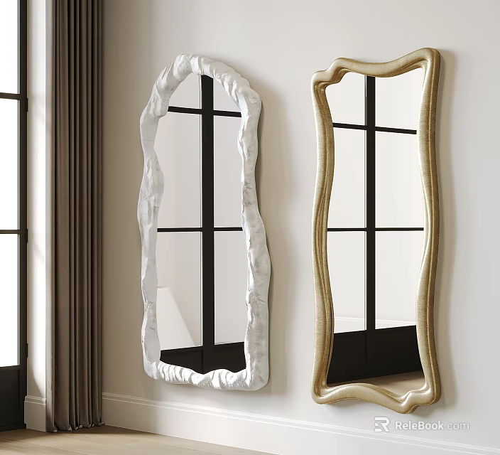 Stylish Decorative Mirrors With Unique White Gold Frames On Wall 3d model 