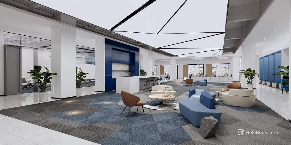 Modern Office Tea Room Featuring Open Layout Blue Sofas Chairs Coffee Tables And Green Plants 3d model 