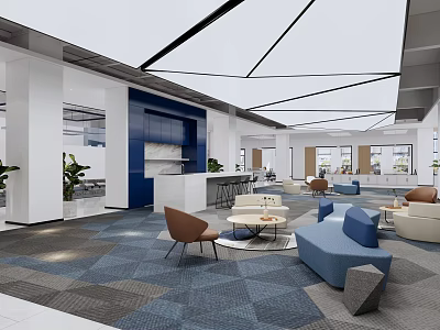 Modern Office Tea Room Featuring Open Layout Blue Sofas Chairs Coffee Tables And Green Plants 3d model