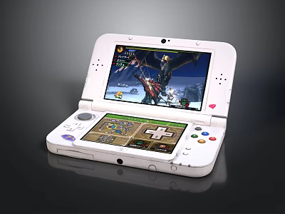 White Open Handheld Gaming Console With Dual Screens Showing Action Game Scenes And Control Buttons 3d model