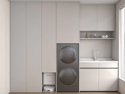 Modern White Bathroom Vanity Cabinet With Sink Faucet Washing Machine And Dryer In Sleek Space 3d model