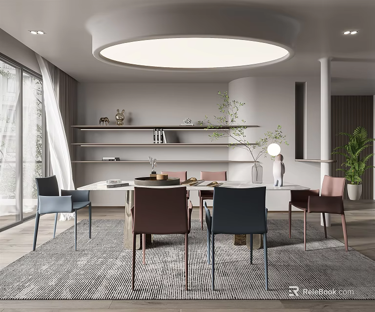 Contemporary Dining Room Interior With Round Ceiling Light Dining Table Multi Colored Chairs And Decorative Shelves 3d model 