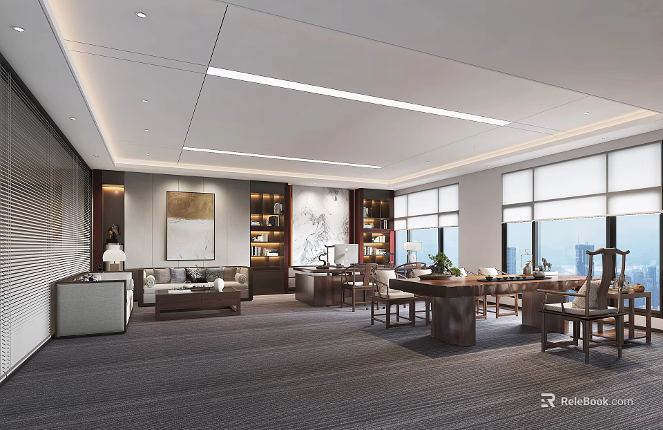 Spacious Modern Office Interior With Large Windows Bookshelves Sofa And Decorative Artwork 3d model 