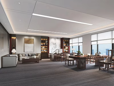 Spacious Modern Office Interior With Large Windows Bookshelves Sofa And Decorative Artwork 3d model