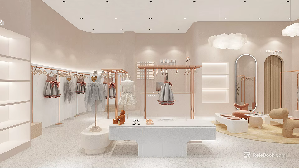 Cozy Modern Children's Clothing Store with Mannequins Racks Shoes Display Table and Cloud Lamp 3d model 