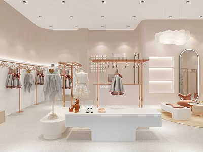 Cozy Modern Children's Clothing Store with Mannequins Racks Shoes Display Table and Cloud Lamp 3d model