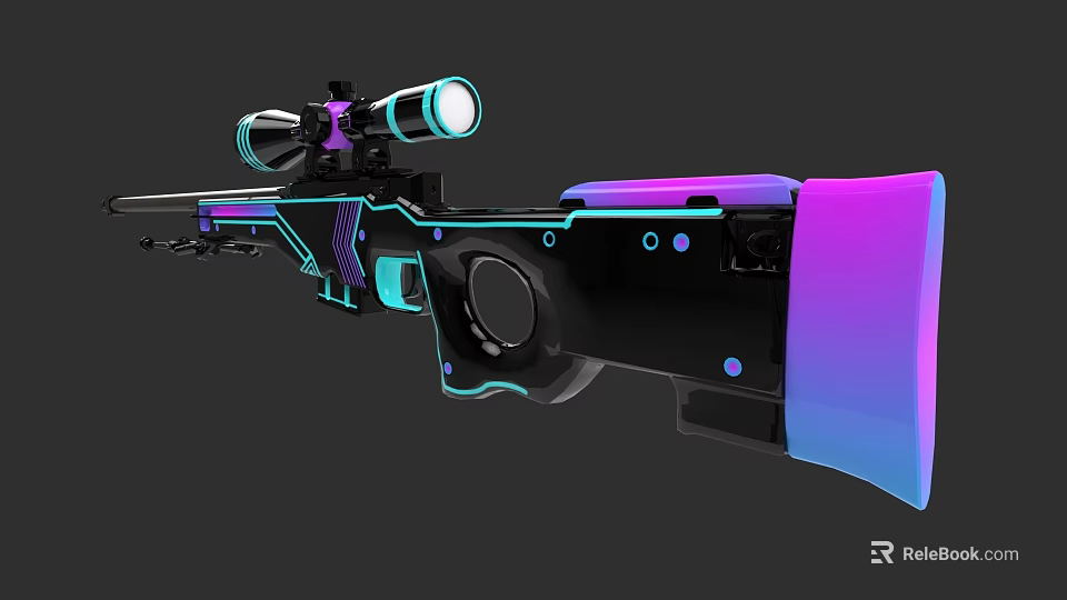 Sculpture Carving of Sniper Rifle with Neon Blue Purple Gradient Scope and Detailed Decoration 3d model 