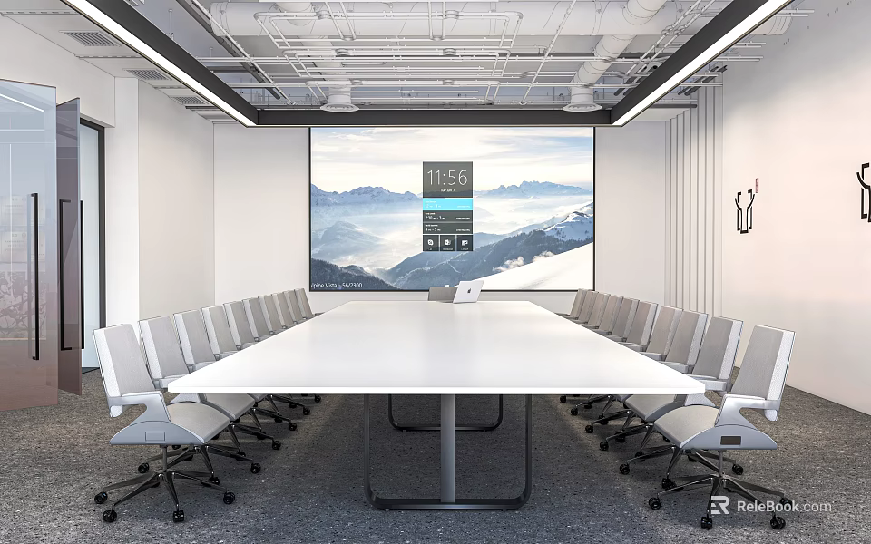 Modern Conference Room with Long White Table Gray Rolling Chairs Large Screen and Bright Interior 3d model 