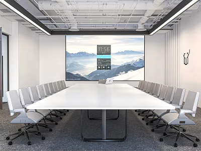 Modern Conference Room with Long White Table Gray Rolling Chairs Large Screen and Bright Interior 3d model