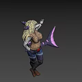 Woman with blonde hair wearing brown top and blue shorts with purple pink tail