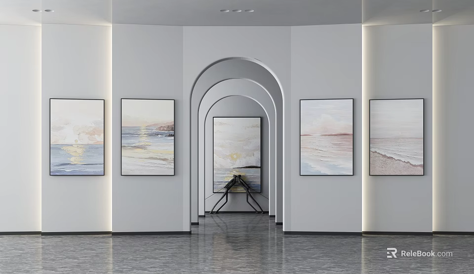 Modern Art Gallery Interior with Framed Paintings Archway and Lighted Walls 3d model 