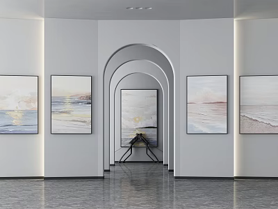Modern Art Gallery Interior with Framed Paintings Archway and Lighted Walls 3d model