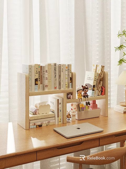 Cozy Home Shelf with Books Stuffed Toys Decorative Items and Laptop on Wooden Desk 3d model 