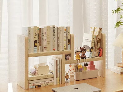 Cozy Home Shelf with Books Stuffed Toys Decorative Items and Laptop on Wooden Desk 3d model