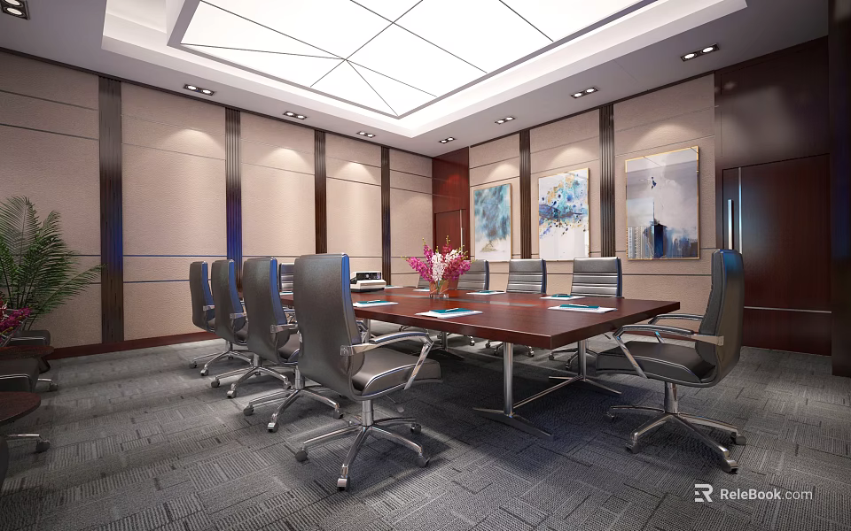 Conference Room Interior With Long Wooden Table Gray Chairs Wall Paintings And Ceiling Lights 3d model 