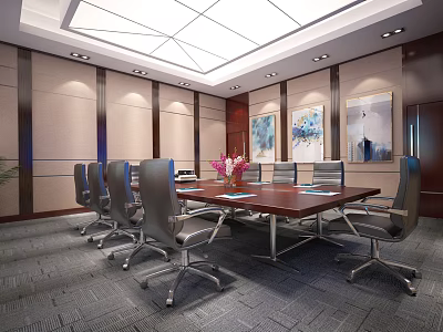 Conference Room Interior With Long Wooden Table Gray Chairs Wall Paintings And Ceiling Lights 3d model