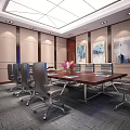 Conference Room Interior With Long Wooden Table Gray Chairs Wall Paintings And Ceiling Lights