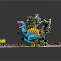 Vibrant Dinosaur Scene With Blue Dinosaur Yellow Fin Open Mouth Green Plants Gravel Ground