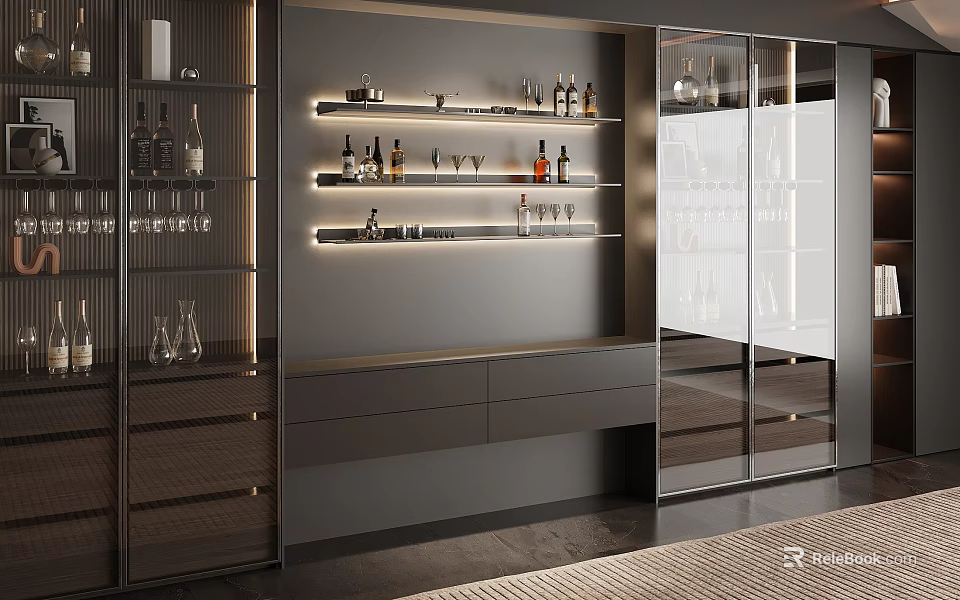 Modern Luxury Wine Cabinet With Glass Doors LED Lighting Wine Bottles And Glasses 3d model 