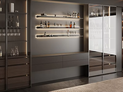 Modern Luxury Wine Cabinet With Glass Doors LED Lighting Wine Bottles And Glasses 3d model