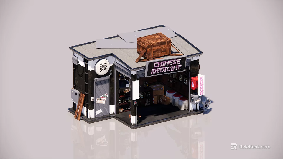 Traditional Chinese Medicine Store With Wooden Crate On Roof And Herbal Displays 3d model 