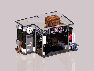 Traditional Chinese Medicine Store With Wooden Crate On Roof And Herbal Displays 3d model
