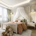 Cozy Kids Room Interior With Canopy Bed Pink Pillows Teddy Bears And Pastel Green Wardrobes