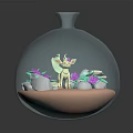 Fantasy Game Creature Inside Glass Dome With Purple Flowers Green Leaves And White Stones