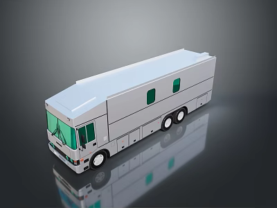 Modern White Motorhome Featuring Green Windows Multiple Wheels And Sleek Design 3d model
