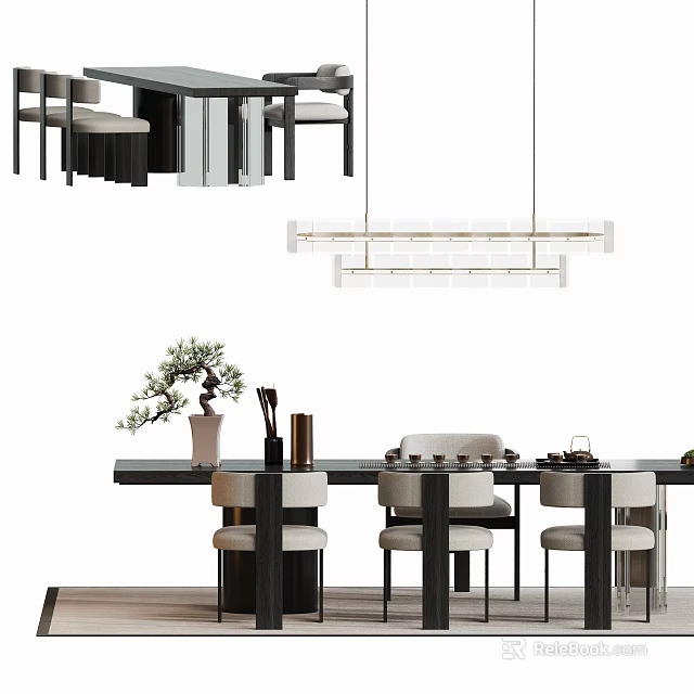 Minimalist Tea Table and Chairs Setup With Ceramic Teaware Potted Plant and Pendant Light 3d model