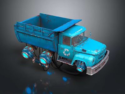Vintage Blue Dump Truck With Glowing Wheels Recycling Symbol Retro Design On Dark Background 3d model