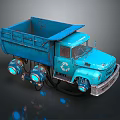 Vintage Blue Dump Truck With Glowing Wheels Recycling Symbol Retro Design On Dark Background