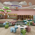 Children's Specialty Store With Cloud Decorations Green Tree Bookshelves And Colorful Animal Seats