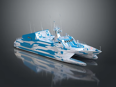 High Speed Blue And White Camouflage Military Patrol Boat With Streamlined Hull And Antennas 3d model
