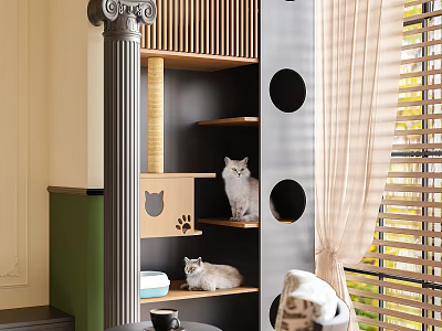 Indoor Wooden Cat Tree With Scratching Post Perches And Two Cats 3d model