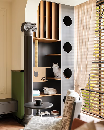 Indoor Wooden Cat Tree With Scratching Post Perches And Two Cats 3d model