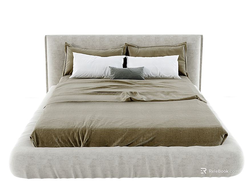 Modern Double Bed With Upholstered Headboard Beige Sheets And White Pillows 3d model 